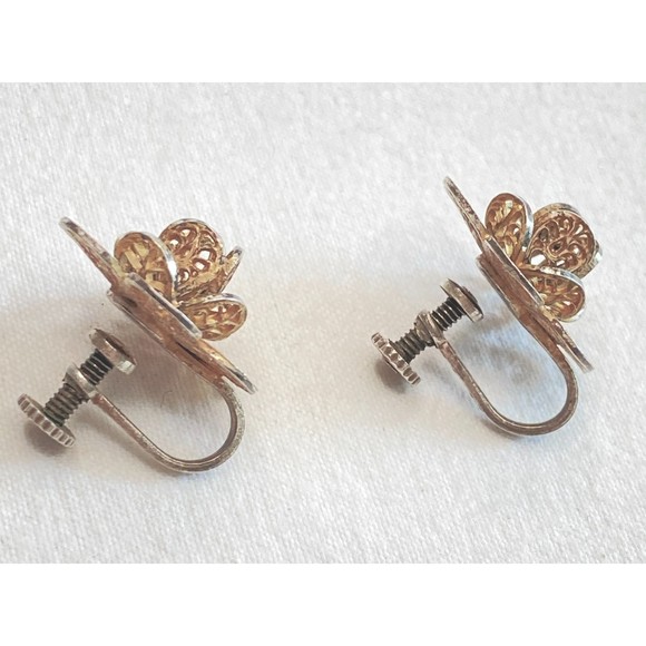 Mexico Sterling Earrings Vintage Flower Filagree Screw Back - Picture 3 of 11